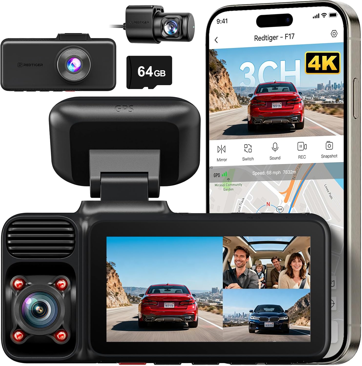 REDTIGER 4K 3 Channel Dash Cam