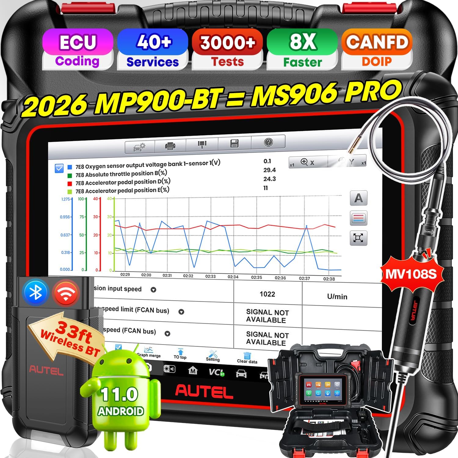 Autel Scanner MaxiPRO MP900-BT w/ MV108S: 2026 MP900BT V2.0 Newer of MP900 MS906BT MS906 MP808BT Pro