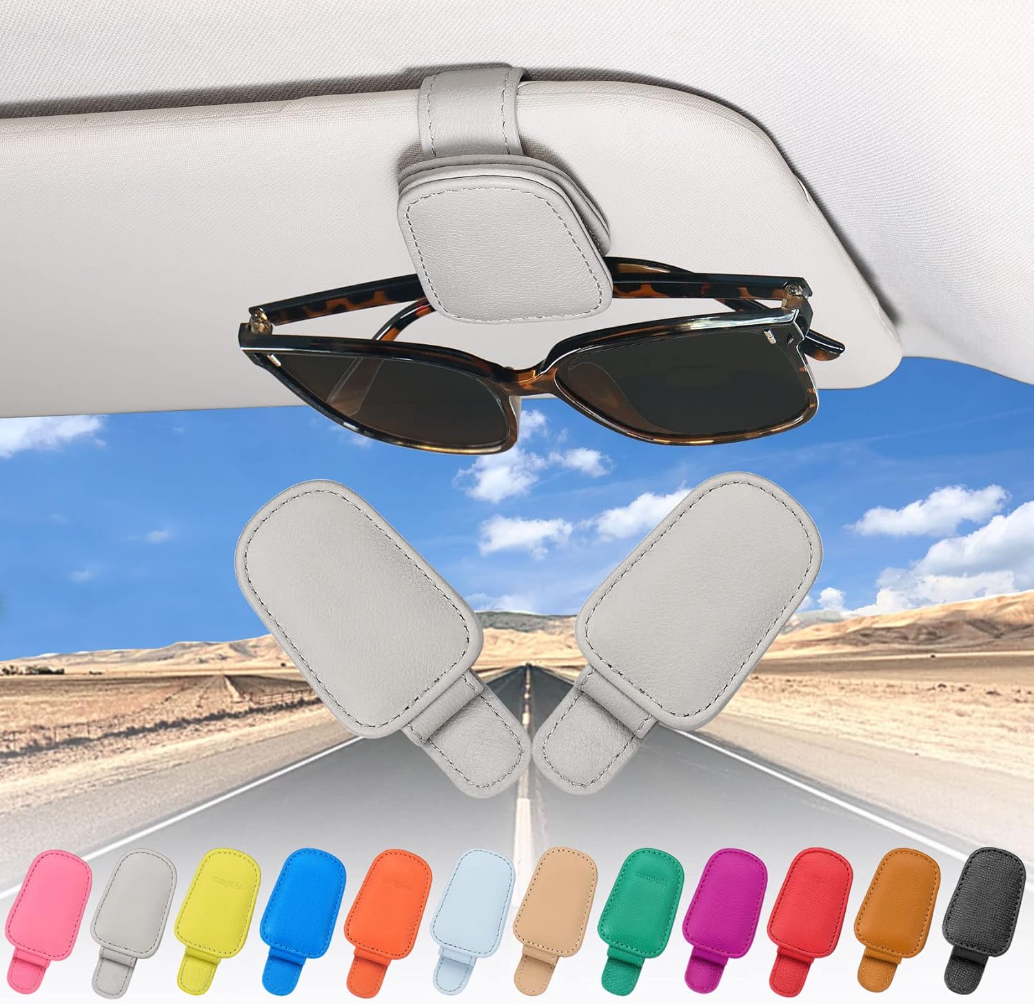 Genuine Leather 2 Packs Sunglasses Holders for Car Visor